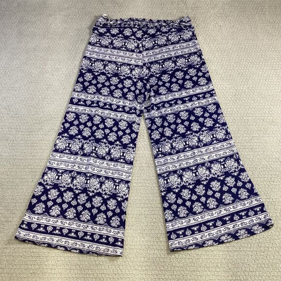 Poof! Boho Wide Leg Lounge Pants Blue White Print Elastic Waist (Read Notes) - Picture 2 of 5